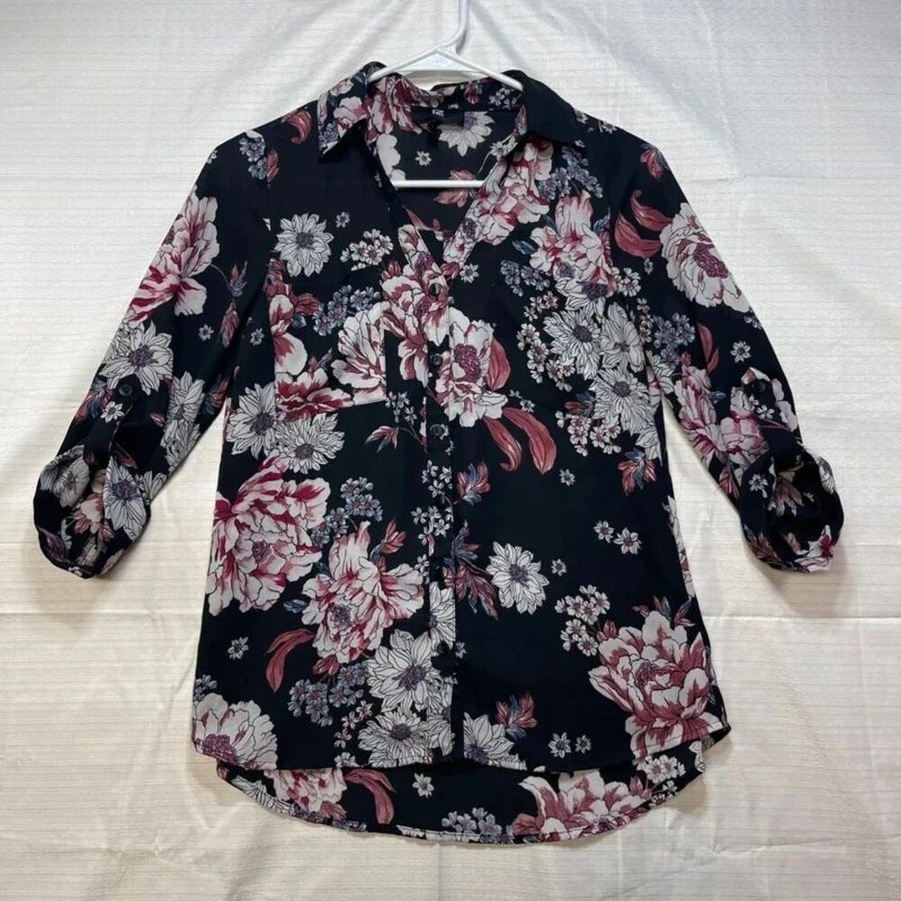 IZ Byer Women's XS Floral Button-Up Shirt Black Burgundy White